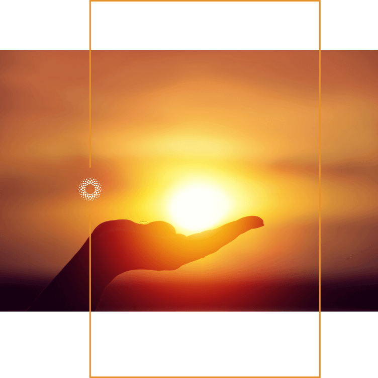 Hand holding sunset with orange square created by RA-ESG