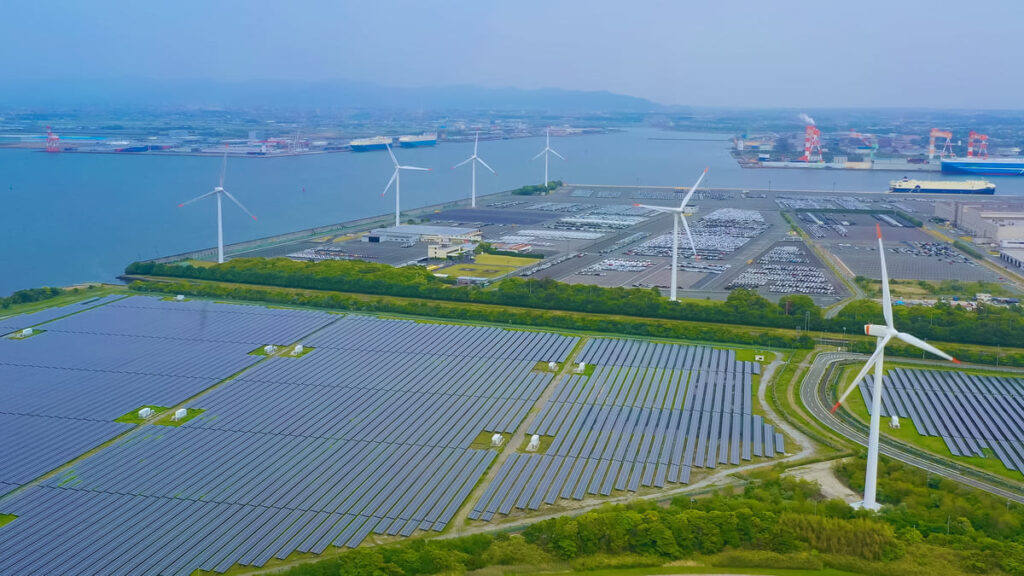 Solar energy panels and windmills at port - RA-ESG